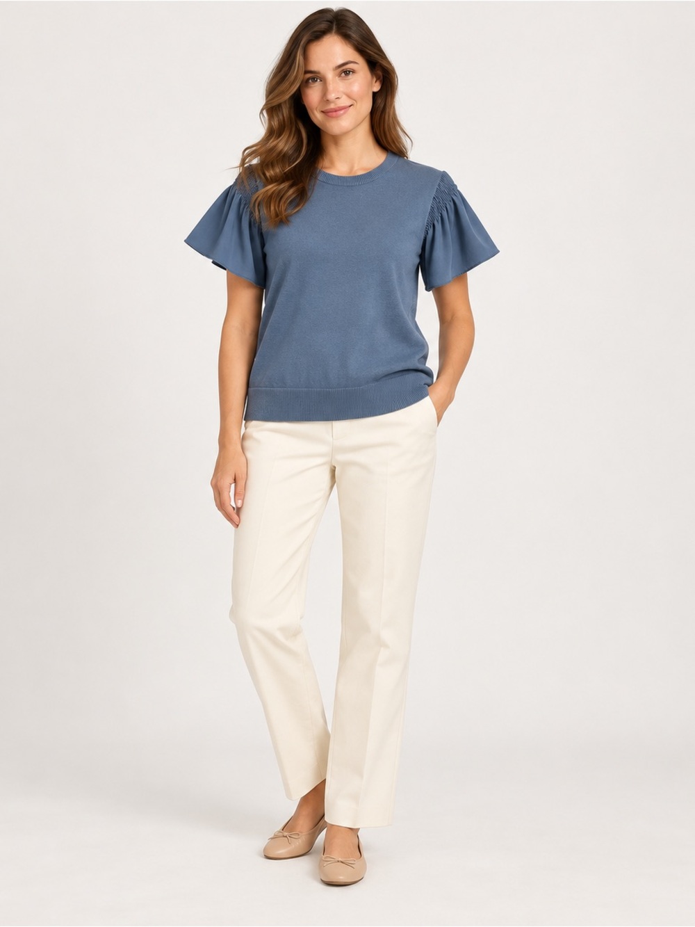 LOFT Dusty Blue Short Sleeve Flutter Knit Top